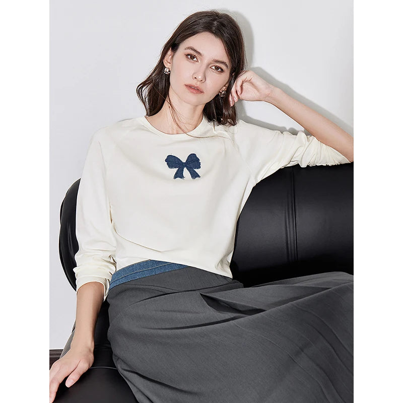 TOYOUTH Women T-shirt 2024 Autumn New Denim Bow Contrasting Color Raglan Sleeve Pullover Casual Tops - Lootquake