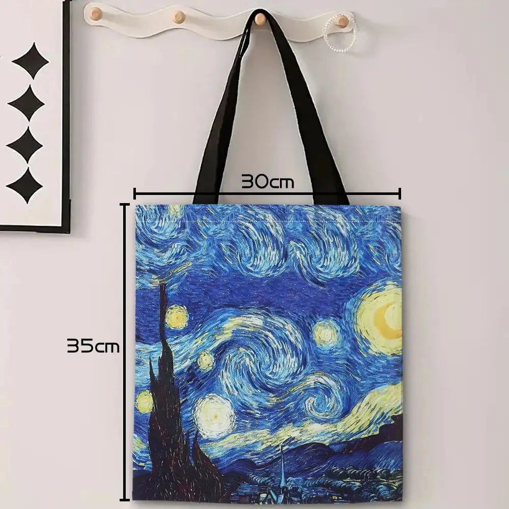 Van Gogh Series Linen Bag Oil Painting Starry Night Sunflower Apricot Flower Coffee Holder Handbag Lightweight Shoulder Bag - Lootquake