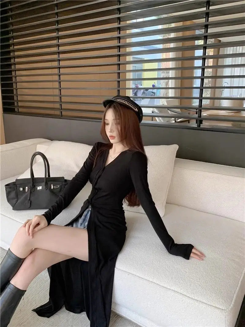 Street Casual Black Slim Long T Shirts Spring Autumn New Long Sleeve Solid Simplicity Fashion Tops Trend Vintage Women Clothing - Lootquake