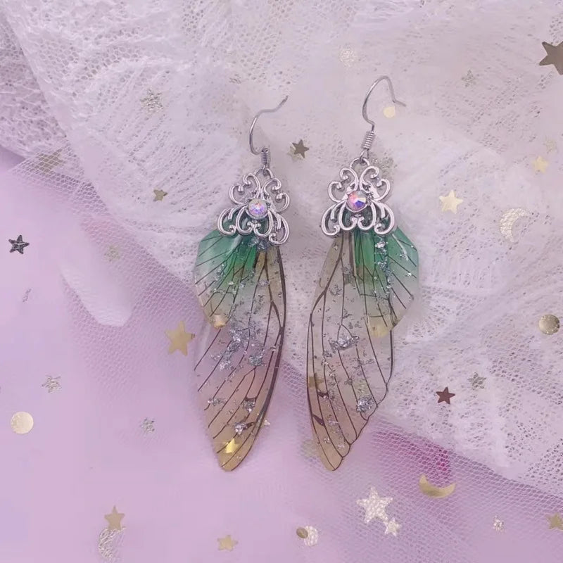 New Handmade Fairy Simulation Wing Earrings Insect Butterfly Wing Drop Earrings Foil Rhinestone Earrings Romantic Bridal Jewelry - Lootquake