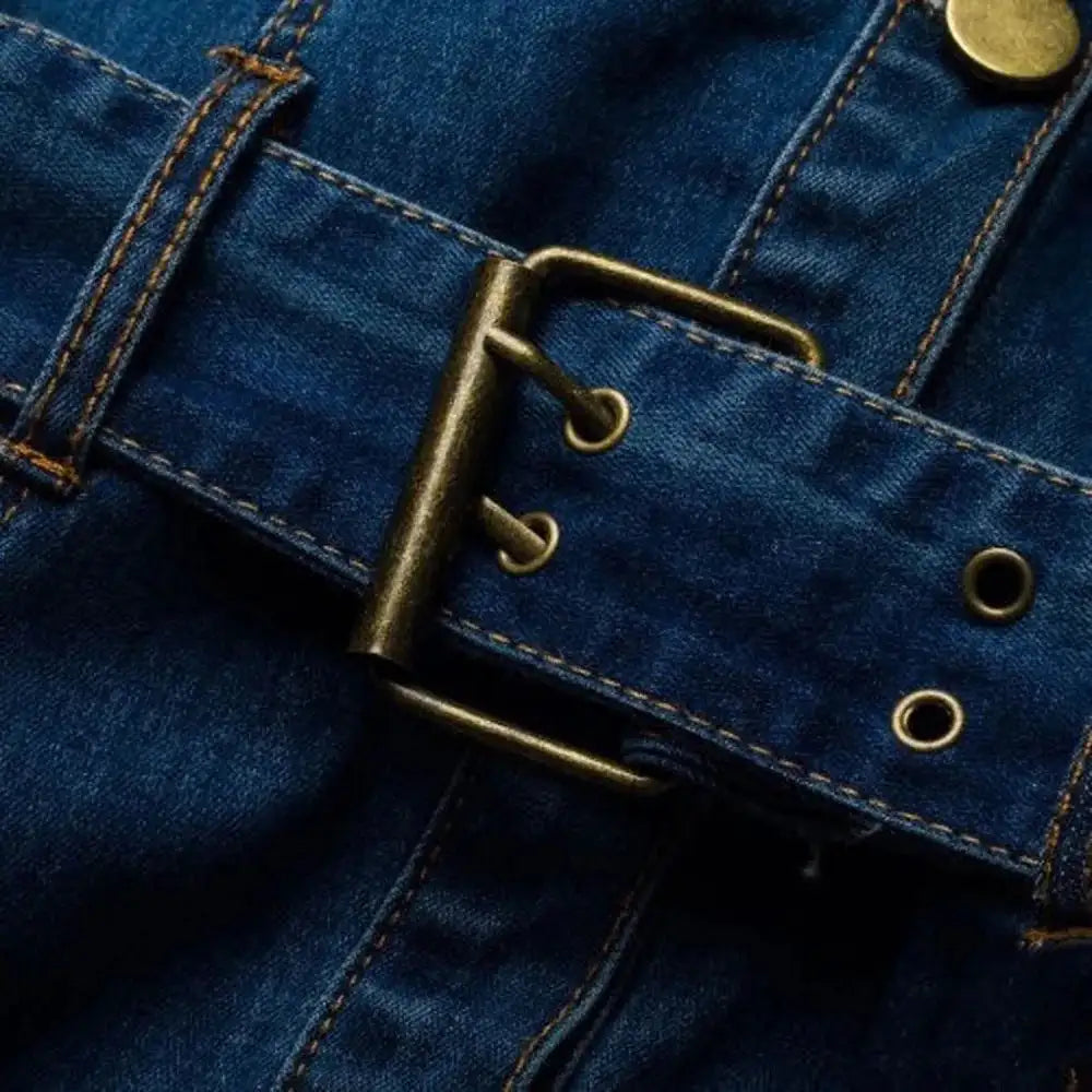 Vintage Button Up Jeans Dress Women Blue Lapel Denim Vestidos Winter Office Slim Long Sleeve Mid-Cuff Denim with Belt Long Dress - Lootquake