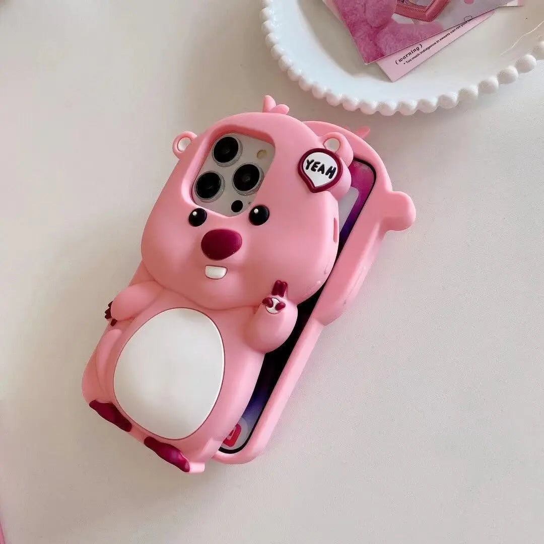 Funda para teléfono rosa con dibujos animados en 3D