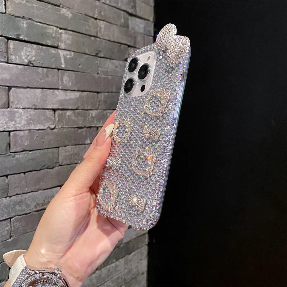 Funda para teléfono con lazo rosa y cara de Hello Kitty con purpurina de diamante