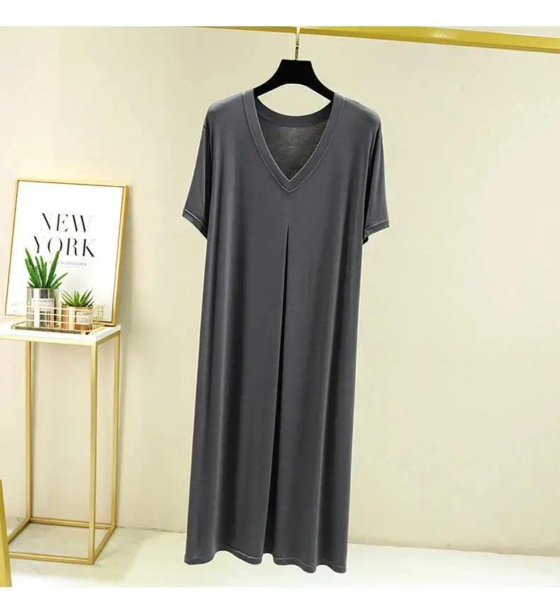 Modal Cotton Short Sleeved Nightdress for Women's Summer Casual Home Sleepwear V-neck Pleated Oversized Loose Hem Mid-Long Dress - Lootquake