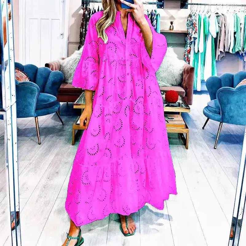 Fitshinling Cotton Long Dress Women Costume Flare Sleeve Slim A-Line Robe Fashion Hollow Out Lace Maxi Dresses Dance Wear - Lootquake