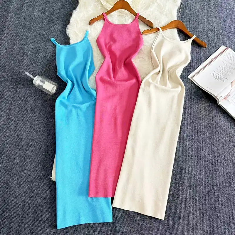 2024 Sexy Summer Knit Strap Dress Women Halter Elatic Waist Bodycon Sundress Female Beach Solid Maxi Long Dress - Lootquake