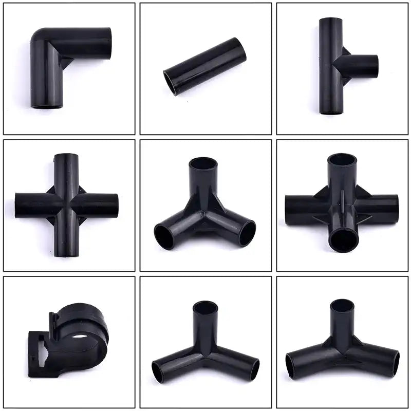 I.D 8/12/16/19mm Black Plastic Pipe Connector DIY Shelf Water Tube Joint Tent Fixed Connector Tee Four Way Elbow Straight Joint - Lootquake