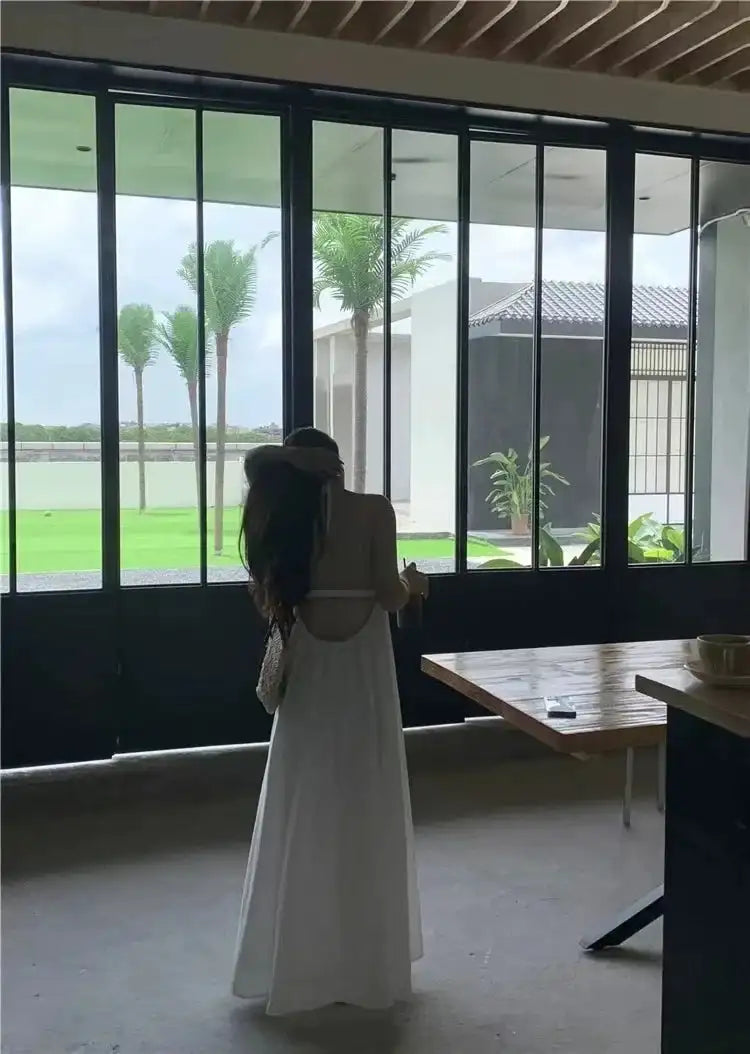 Summer Vacation Dress Thailand Style Open-back Halter Neck Age-reducing Photography Beach Long Dress Belted - Lootquake