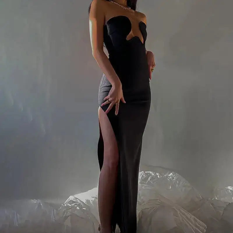 Women's Evening Dress Design Strapless Hollow Out Backless High Waist Side Slit Bodycon Sexy Women Party Club Long Dress - Lootquake