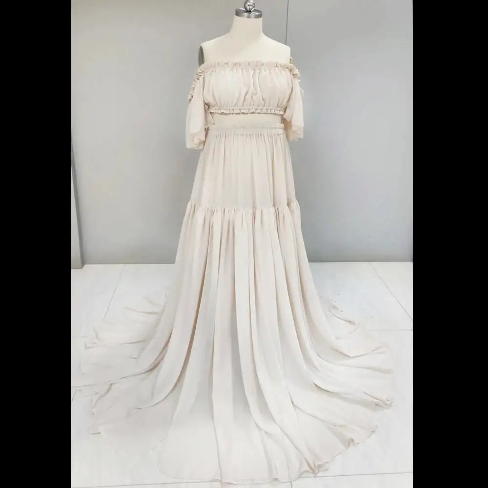 Maternity Dress For Photoshoot Pregnancy Off Shoulder Ruffled Semi Transparent Chiffon Long Dress Photography Dress For Women - Lootquake