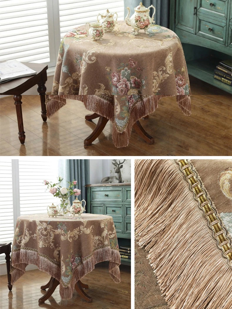 European Retro Style Jacquard Tablecloth Chenille Tassels Home Furnishings Living Room Decorate Dustproof Round Tablecloth