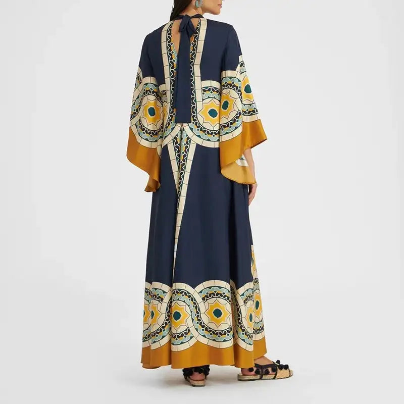 Ethnic Retro Spring Print Boho Long Dress Women Sexy Stand Collar Lace-up Party Dress Fall Long Sleeve Loose Ladies Maxi Dresses - Lootquake