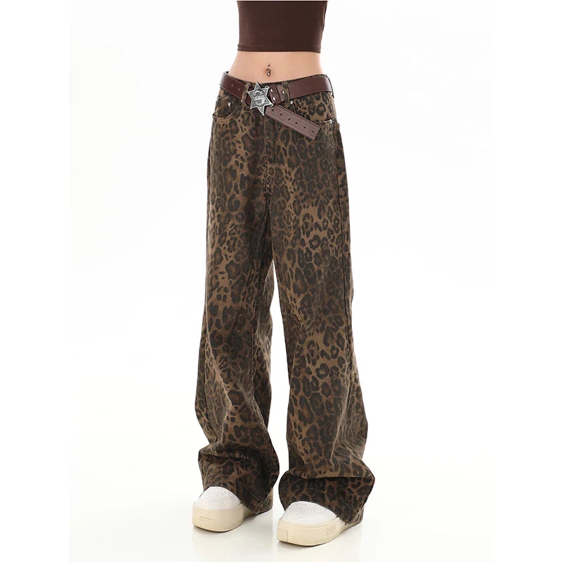 American Retro High Street Casual Overalls Leopard Print Loose Wide Leg Pants For Women Y2k Hip-hop Cargo Grunge Baggy Trousers - Lootquake