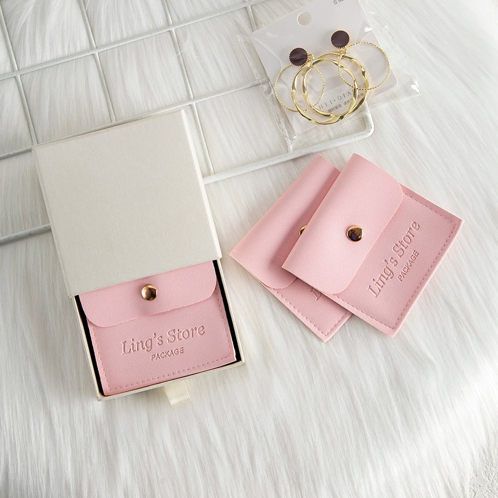 50/100Pcs Custom Logo 8x8cm PU Leather Jewelry Snap Bag Gold Button Pouches Ring Earring Necklace Wedding Favors Gift Organizer - Lootquake