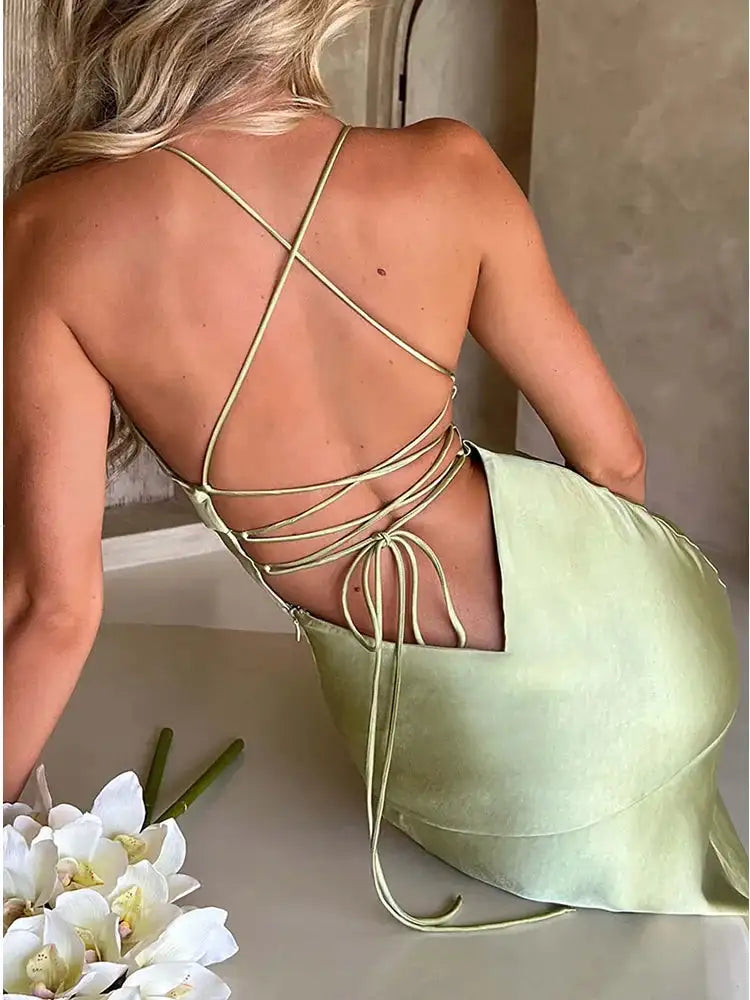 Fashion Sexy Satin Backless Camis Dress Spaghetti Strap Split Hem Silk Y2K Bodycon Casual Lace-up Summer Evening Long Dress 2024 - Lootquake