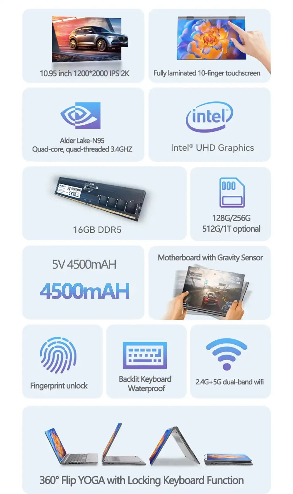 2 in 1 Touch Screen 10.95 Inch 360° Flip Laptop Intel N95 Win 11 Pro 16GB DDR5 2TB SSD Metal for Office Gaming Mini Notebook PC - Lootquake