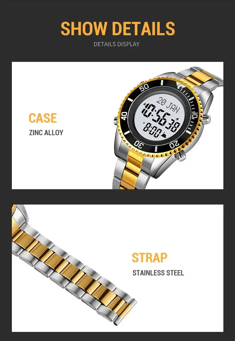 SKMEI 2141 Stainless Steel Digital Watche Muslim Azan Prayer Compass Clock Adhan Alarm Hijri Islamic Wristwatch with Back Light - Lootquake