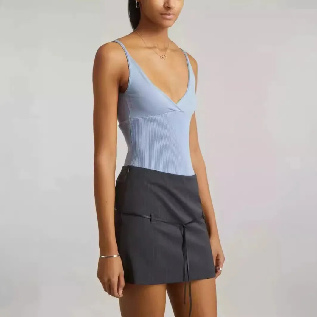 23 new embroidered V-neck slim fit sleeveless short ribbed knit camisole top for women's summer - Lootquake