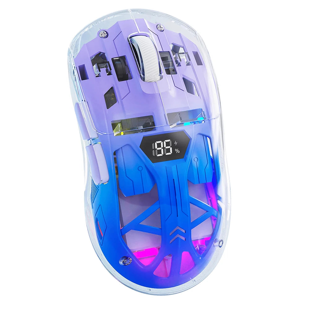 Souris de jeu sans fil transparente 2,4 GHz + BT5.0, affichage numérique, connexion multi-appareils, 5 niveaux de DPI pour ordinateur portable/téléphone/PC