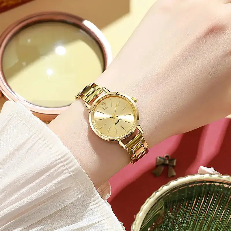 2pcs Set Watch Luxury Women Simple Dial Hollow Strap Fashion Gold Bracelet Quartz Wristwatch Student Ladies Watches Reloj Mujer - Lootquake
