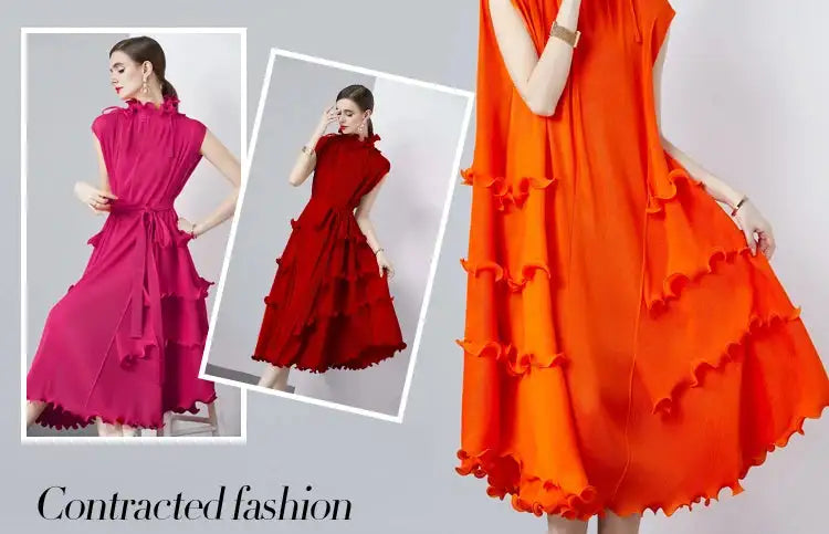 Miyake Pleated Shoulder Bag Heavy Industry Wood Ear Edge Pleated Lace-up Belt Long Dress Stand Collar Plus Size Women's Clothing - Lootquake