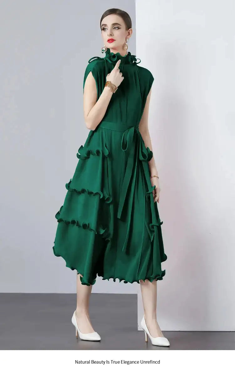 Miyake Pleated Shoulder Bag Heavy Industry Wood Ear Edge Pleated Lace-up Belt Long Dress Stand Collar Plus Size Women's Clothing - Lootquake