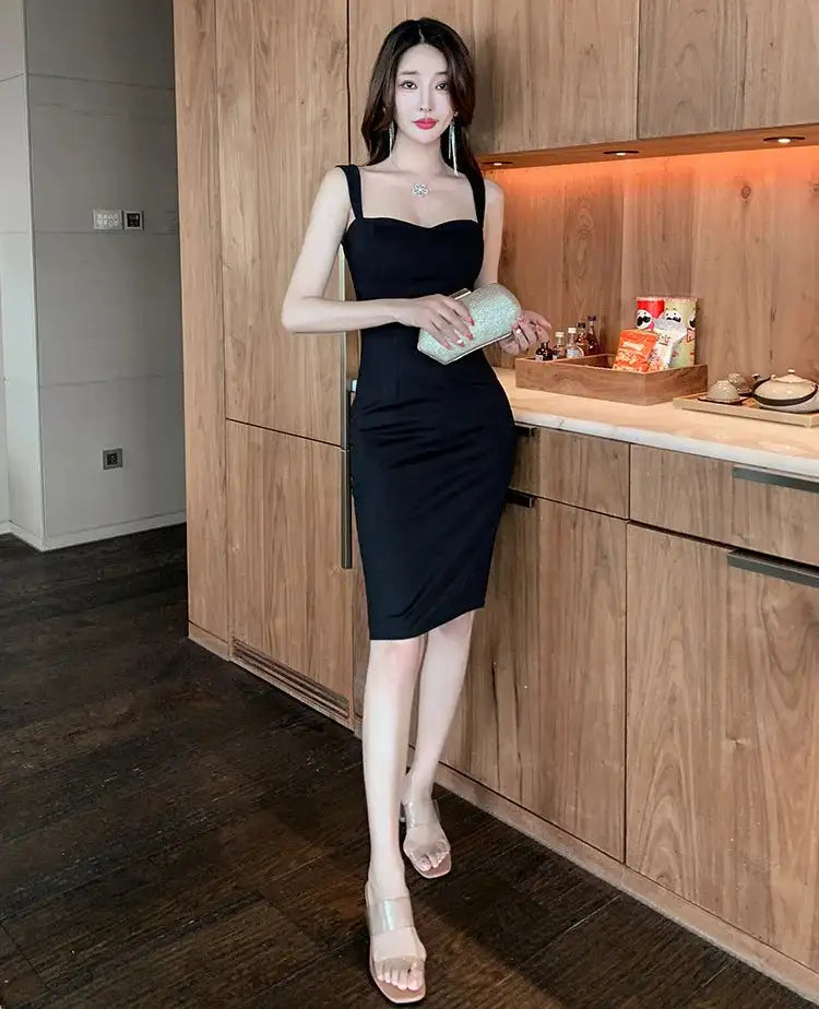 Sweet Fashion Slash Neck Long Dress Sexy Office Lady Straps Slim Medium Dress Elegant Women 2023 New Sweet Spice Girls 4CWT - Lootquake