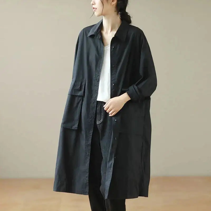9290 Spring Fall Trench Coat Women Mid Length Windbreaker Single-breasted Double Pockets Casual Loose Overcoat Female Outerwear - Lootquake