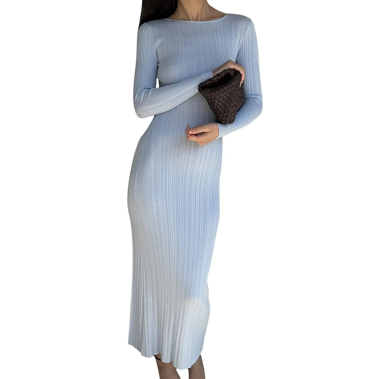 Autumn Winter Solid Color Bodycon Knit Dress Women Long Sleeve Crew Neck Ribbed Dress Slim Fit Long Dress - Lootquake