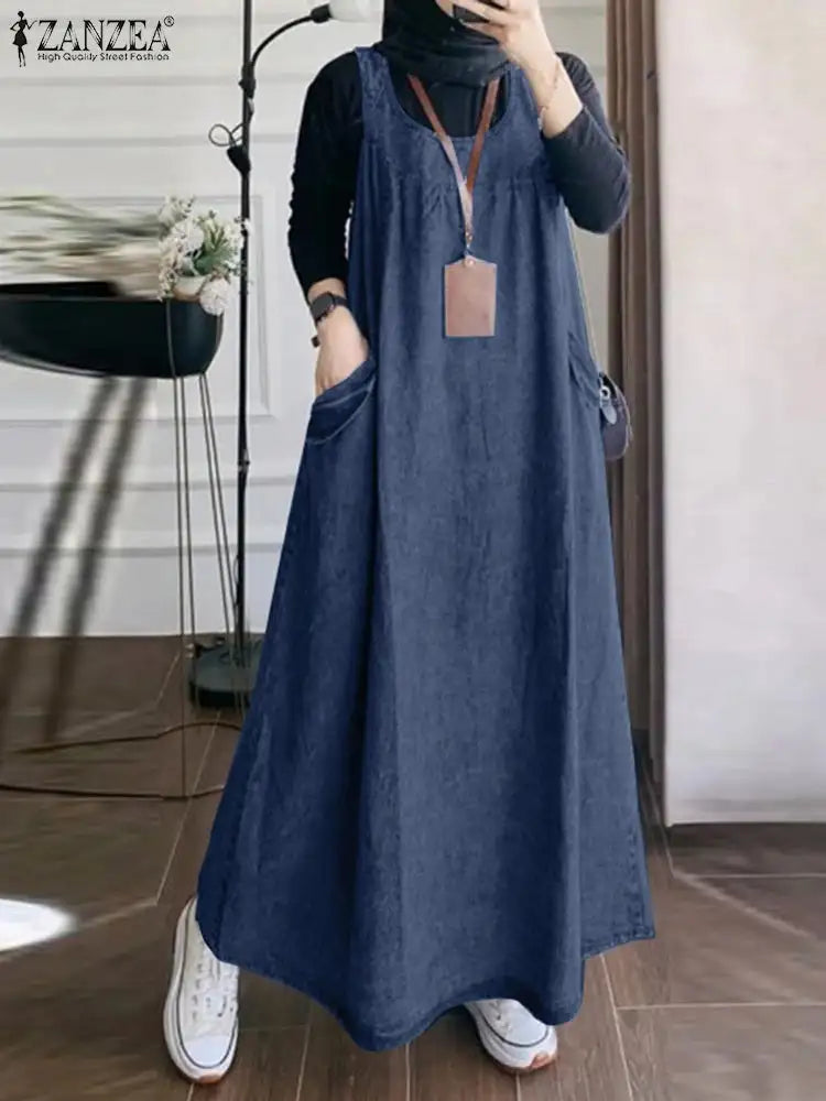 Summer Muslim Long Dress Abaya ZANZEA Women Vintage Sleeveless Denim Blue Maxi Vestidos Dubai Robe Casual Loose Ramadan Sundress - Lootquake