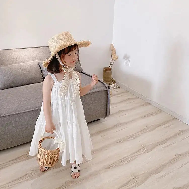 Girls Cotton Solid White Dress Ruffles Kids Strap Dress Summer Sleeveless Toddler Baby Long Dress Girl Clothes 1-6Y Kleid/robe - Lootquake