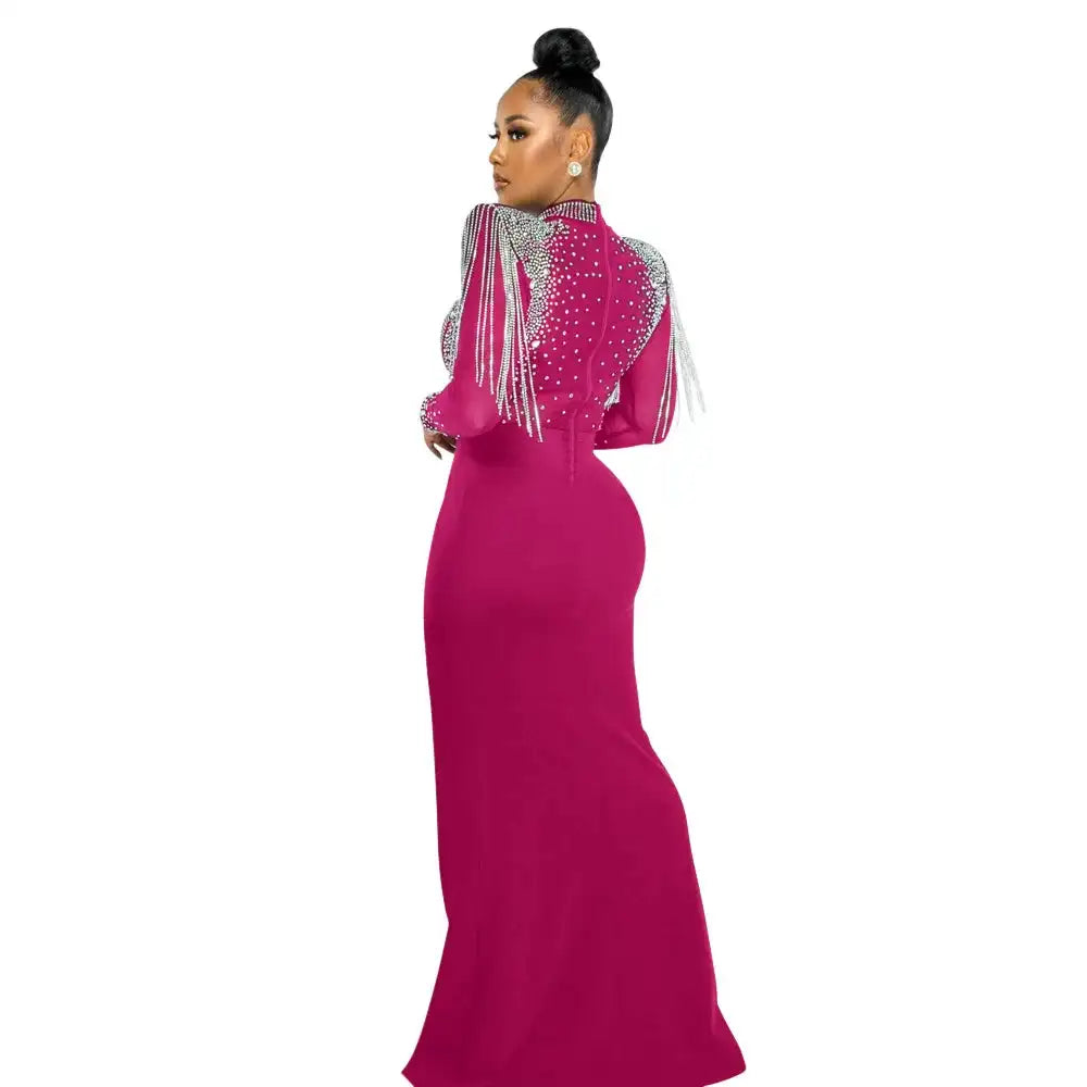 CM.YAYA Women Mesh See Through Long Sleeve Diamonds Hot Rhinestones Mermaid Long Dress Fall Evening Sexy Party Dresses Vestidos - Lootquake