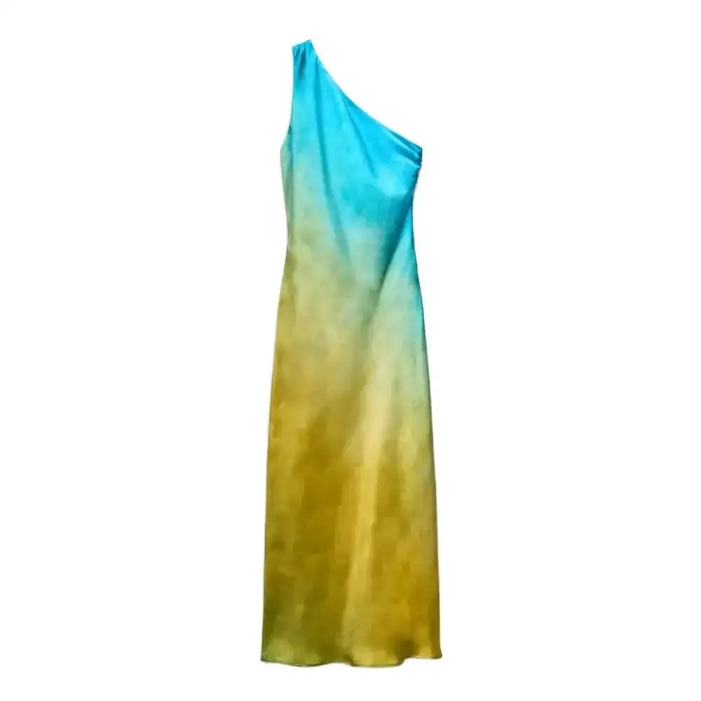 Gradient Long Dress Women Elegant One Shoulder Sleeveless Party Dress Female 2024 Summer Backless Tie-dye Lady Mermaid Robe - Lootquake