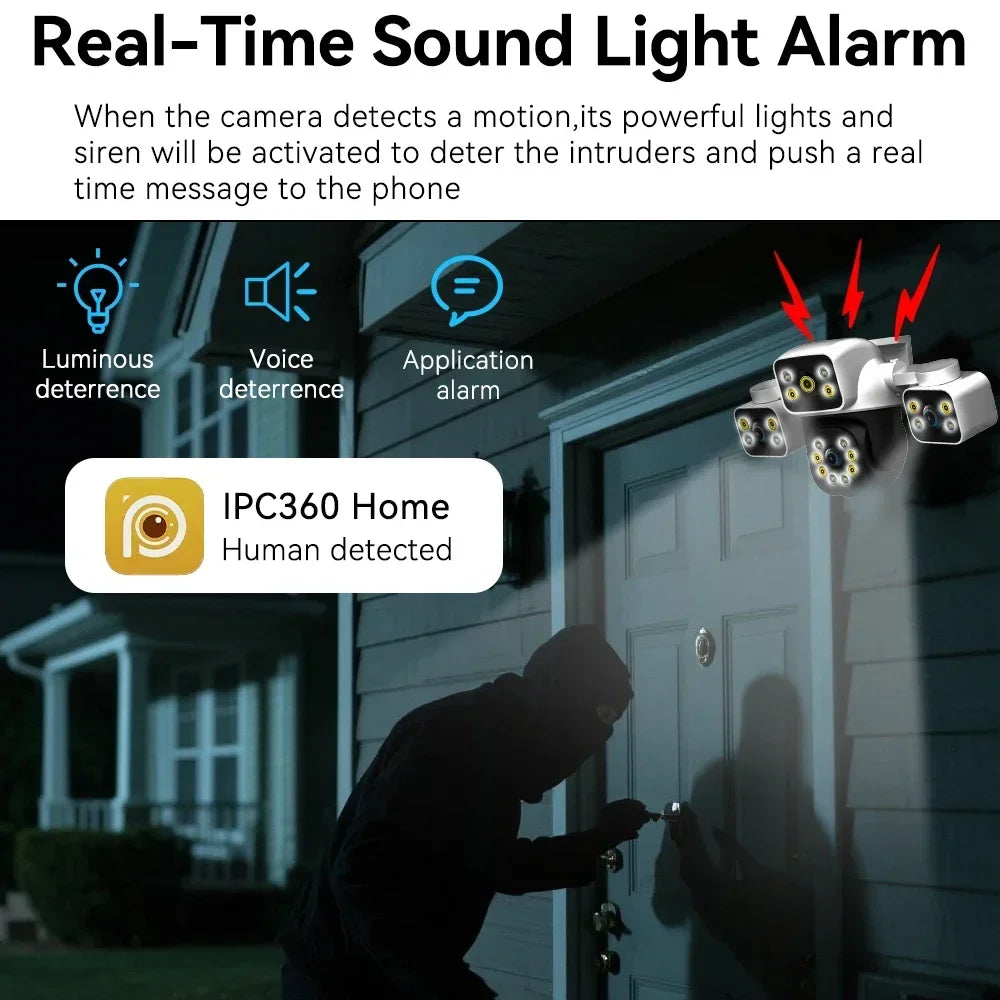 Cámara WiFi para exteriores 6K de 12 MP, tres pantallas, tres lentes, zoom 10X, PTZ, seguimiento automático, alarma visual audible, cámara de seguridad