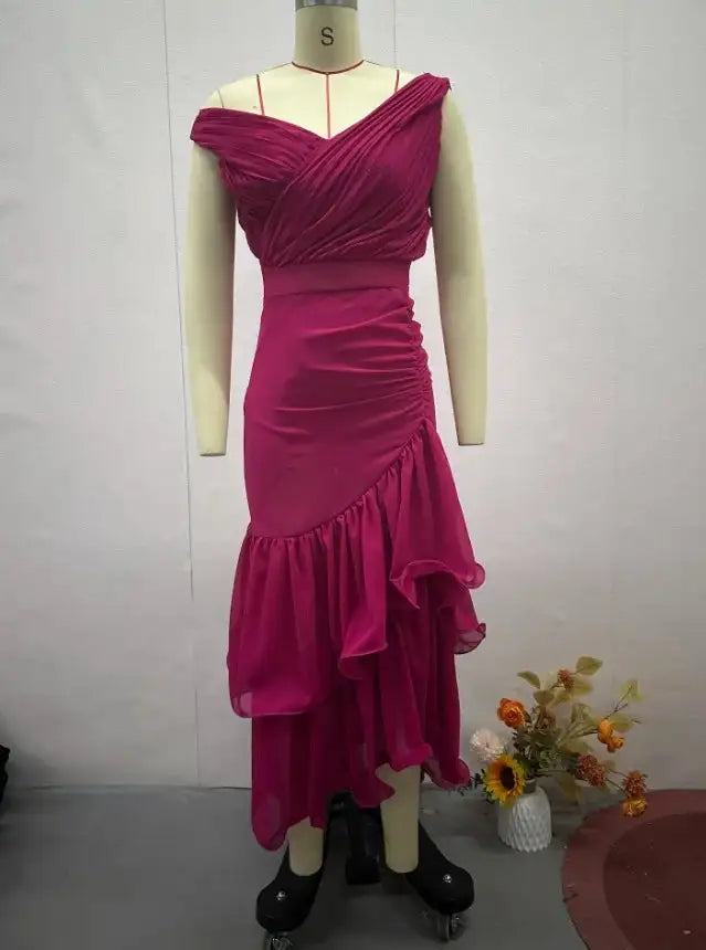 Womens Dresses 2025 Spring New Sweet Style Solid Color High Waist Ruched V-Neck Sleeveless Casual Ruffle Hem Daily Long Dress - Lootquake