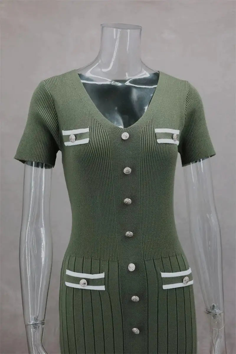 Office Lady Elegant Knitted Long Dress Summer Short Sleelve V Neck Single Breasted Bodycon Dresses Women Party Fashion Vestidos - Lootquake