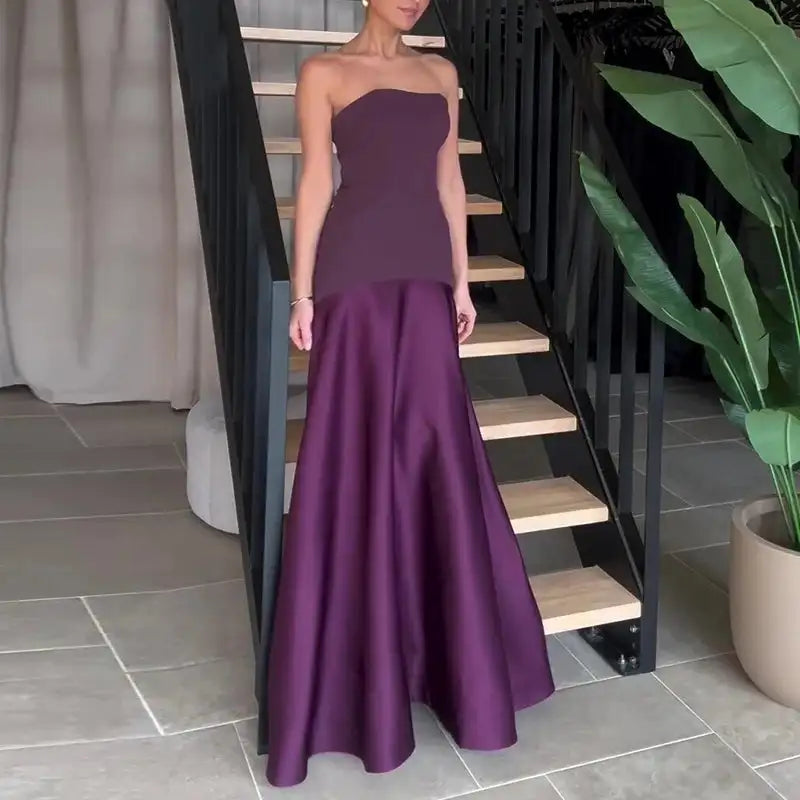 Casual Patchwork Pleated Robe Dresses Ladies Fashion Strapless High Waist Banquet Dress Sexy Hollow Off Shoulder Slim Long Dress - Lootquake