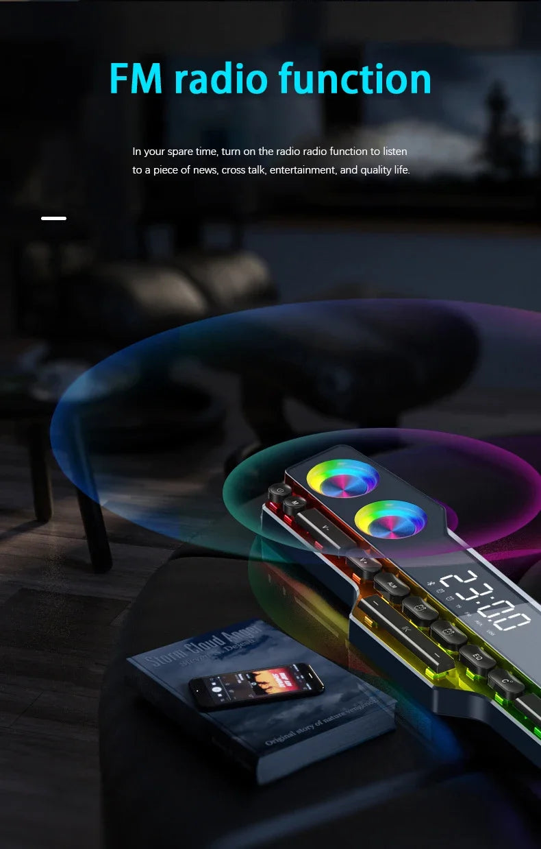 Barre de son sans fil Bluetooth pour jeux vidéo, USB, stéréo 3D, caisson de basses, FM, horloge, barre de son intérieure, haut-parleur pour ordinateur, offre spéciale