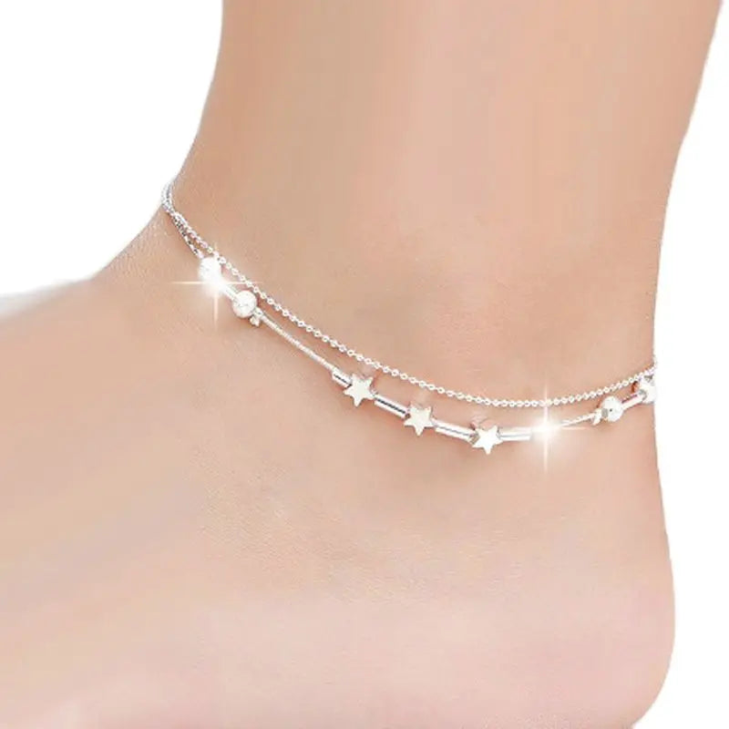 Silver color Stars Anklet Double Layer plated Charms Ankle Bracelet Jewellery Anklets For Women Foot Jewelry Love 2023 new hot - Lootquake