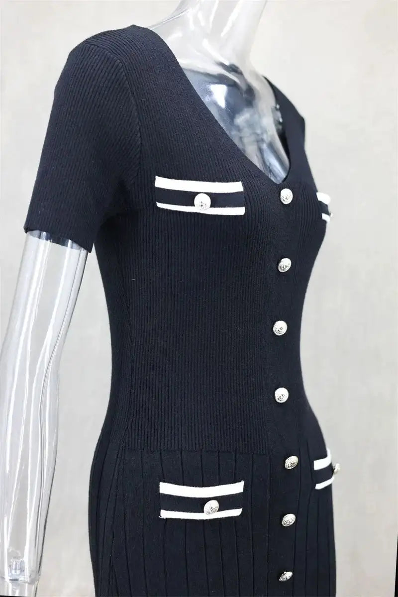 Office Lady Elegant Knitted Long Dress Summer Short Sleelve V Neck Single Breasted Bodycon Dresses Women Party Fashion Vestidos - Lootquake