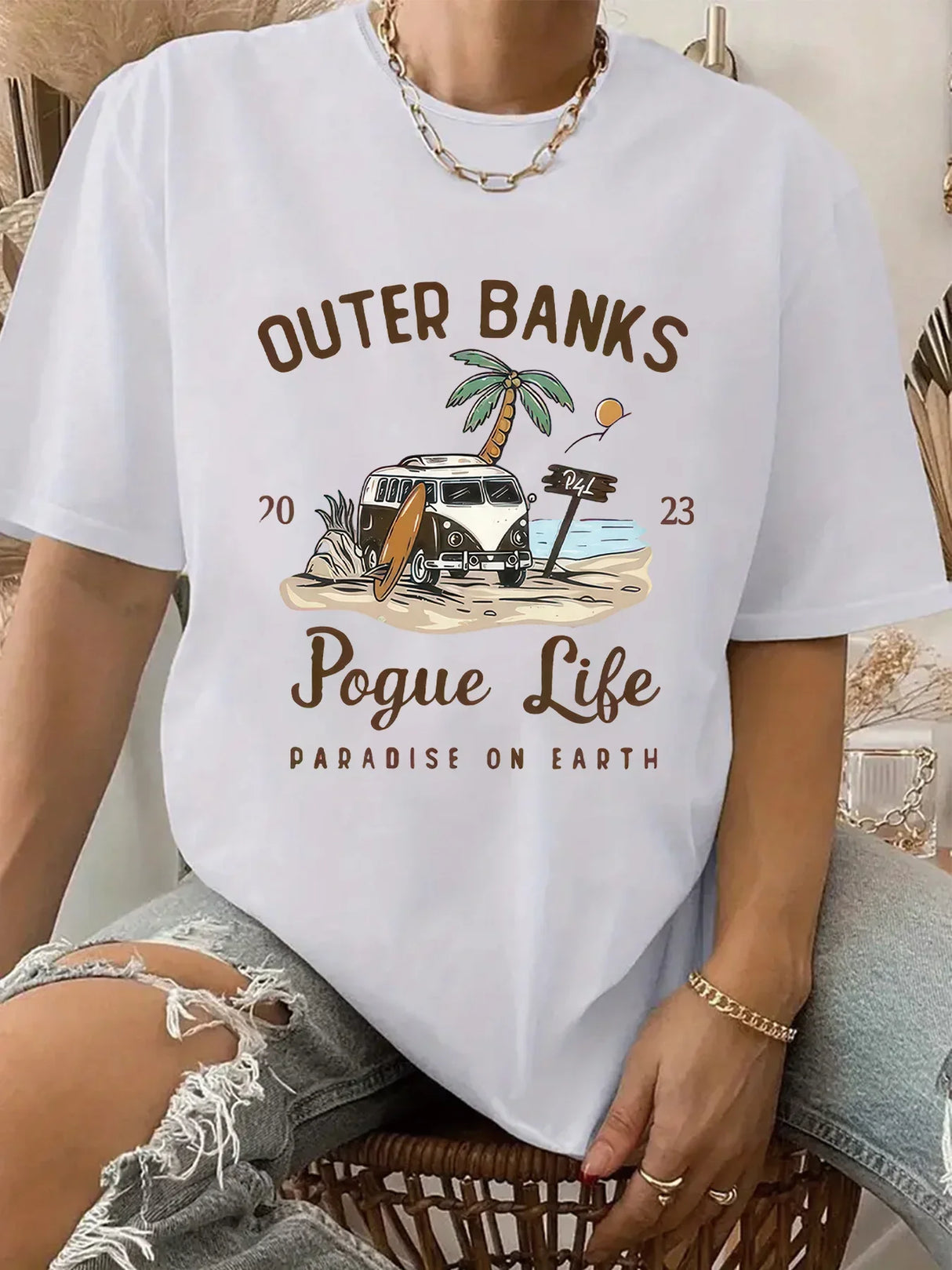 Casual Short Sleeve Outer Banks Print Crew Neck T-Shirt for Spring & Summer Women's Clothing Aesthetic Clothes Y2k Top Graphic - Lootquake