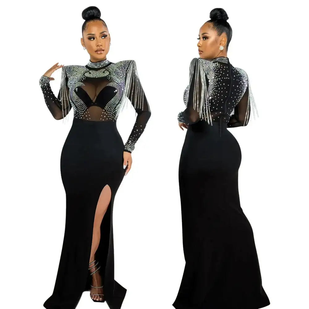 CM.YAYA Women Mesh See Through Long Sleeve Diamonds Hot Rhinestones Mermaid Long Dress Fall Evening Sexy Party Dresses Vestidos - Lootquake