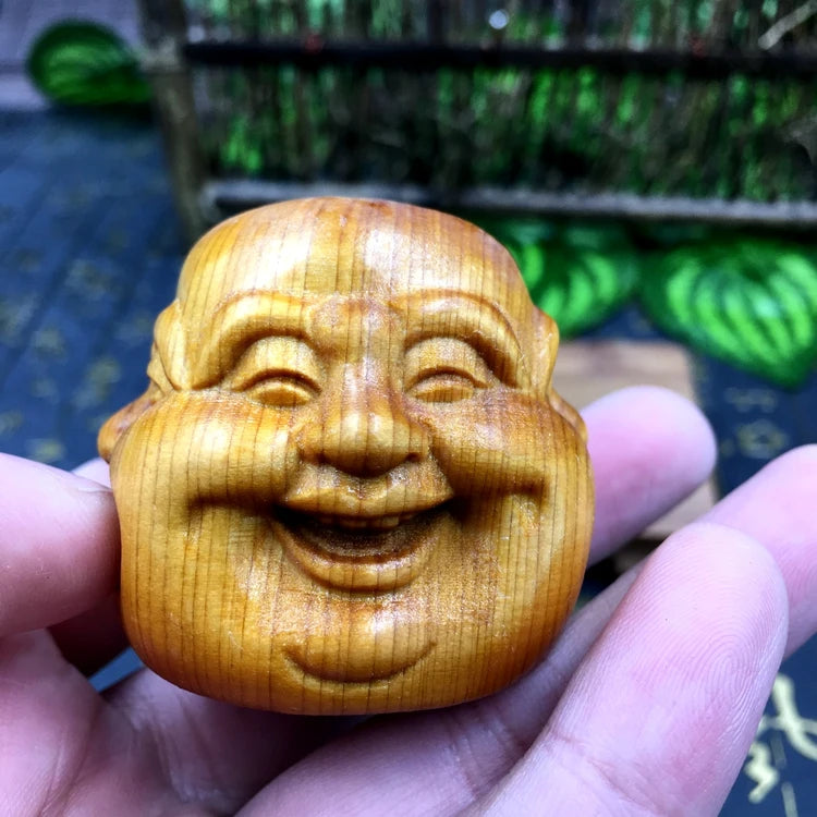 Chinese style cliff cypress wood carving with four sided Buddha decorations of joy, anger, sorrow, and music People sculpture