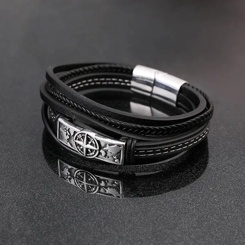 MKENDN Viking Style Compass Norse Runes Amulet Men MultiLayer Leather Stainless Steel Bracelet Norse Mythology Jewelry - Lootquake