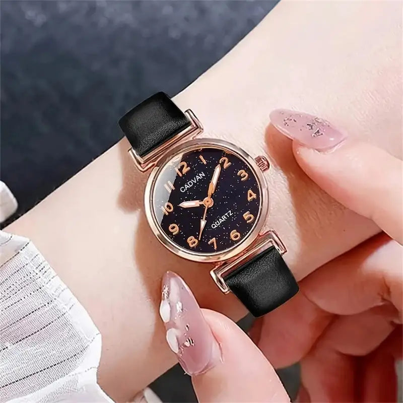 5pcs Set Women Fashion Casual Leather Belt Watches Simple Ladies Starry Sky Round Dial Quartz Wristwatches Dress Clock - Lootquake