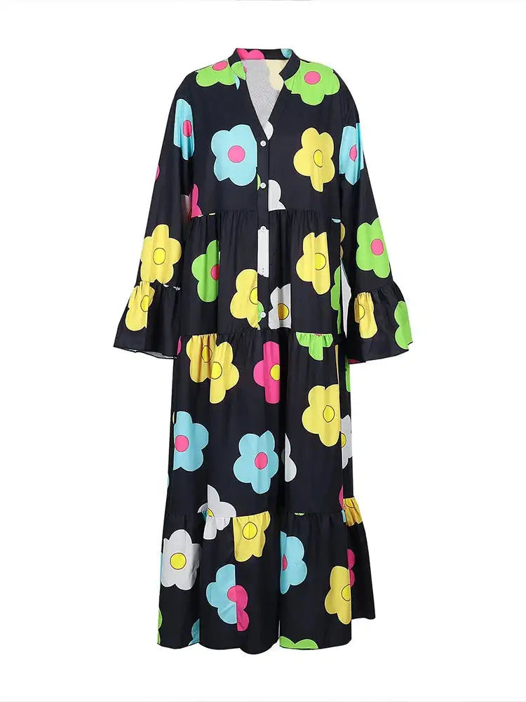 Plus Size New for Summer 2024 Women's Long Sleeve Floral Dress V-Neck Button Long Dress Long Sleeve Button Down Dress - Lootquake