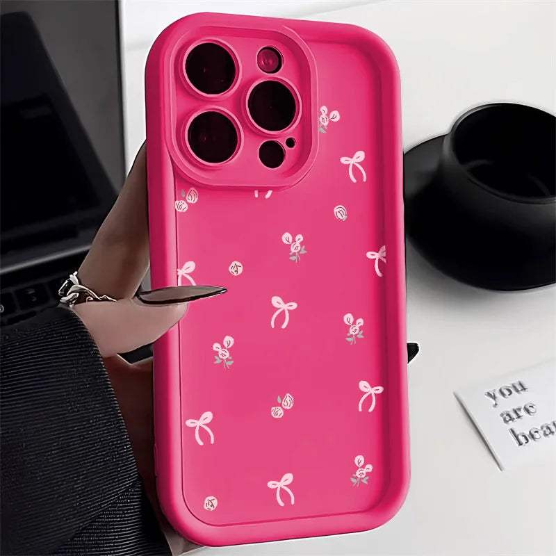 Funda de silicona con lazo rosa para iPhone, estilo coreano