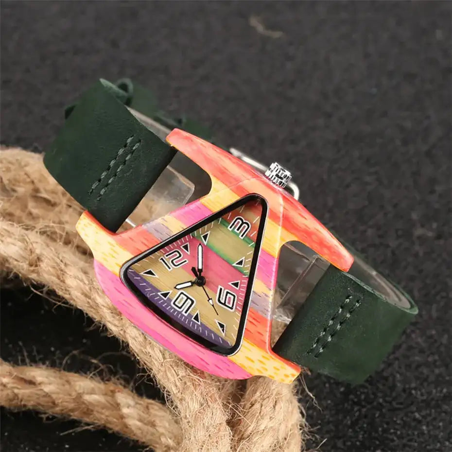 Unique Triangle Women's Wood Watch Creative Colorful Lady Green/ Red Genuine Leather Wristwatch Elegant Womens Watches Top Gifts - Lootquake