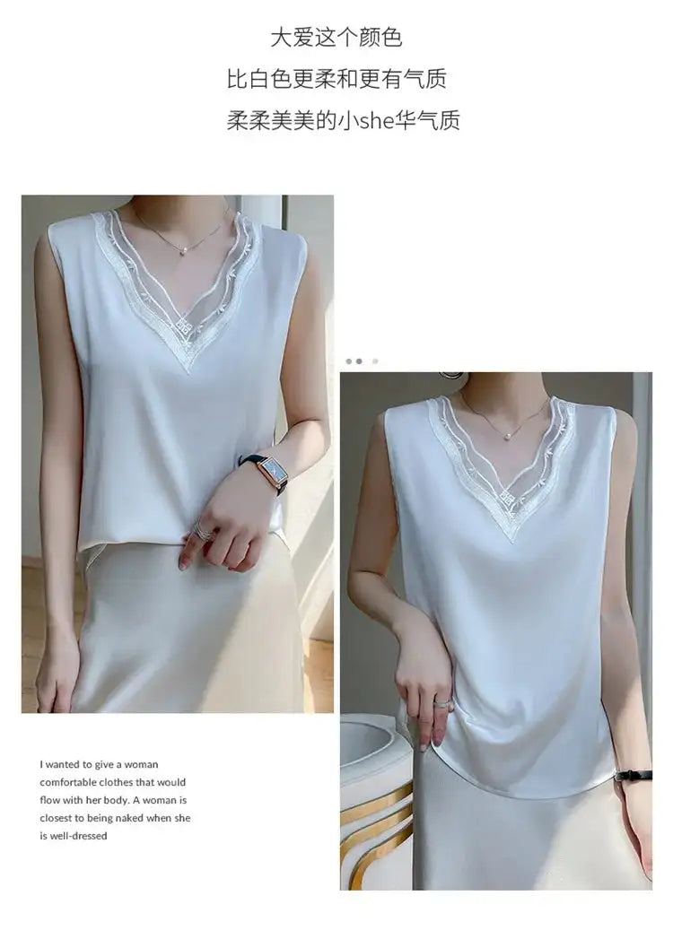 new woman clothing vest camis Tank top women's suit bottom lace lining 2024 summer new silk satin sleeveless top suspender vests - Lootquake