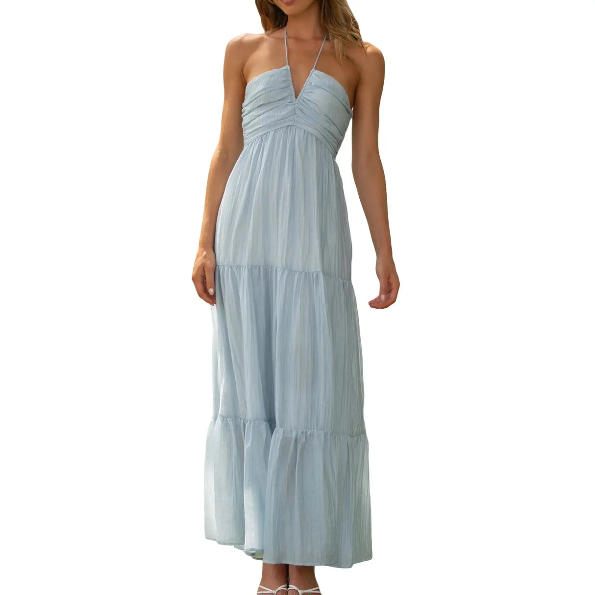 Women Low Cut Backless Maxi Dresses Elegant Spaghetti Strap Tiered Long Dress Relax Fit Open Back Cutout Flowy Sundress - Lootquake